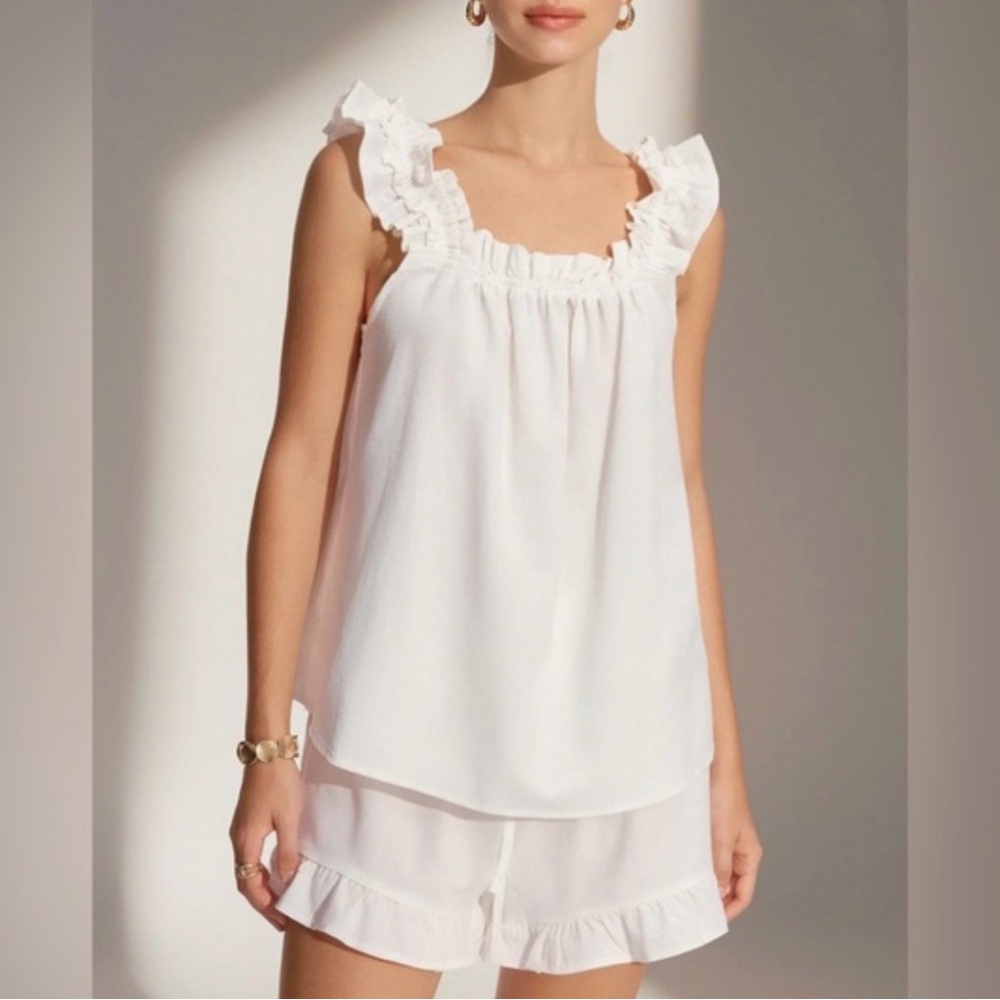 Commense White Ruffle Trim Sleeveless Top and Shorts Set